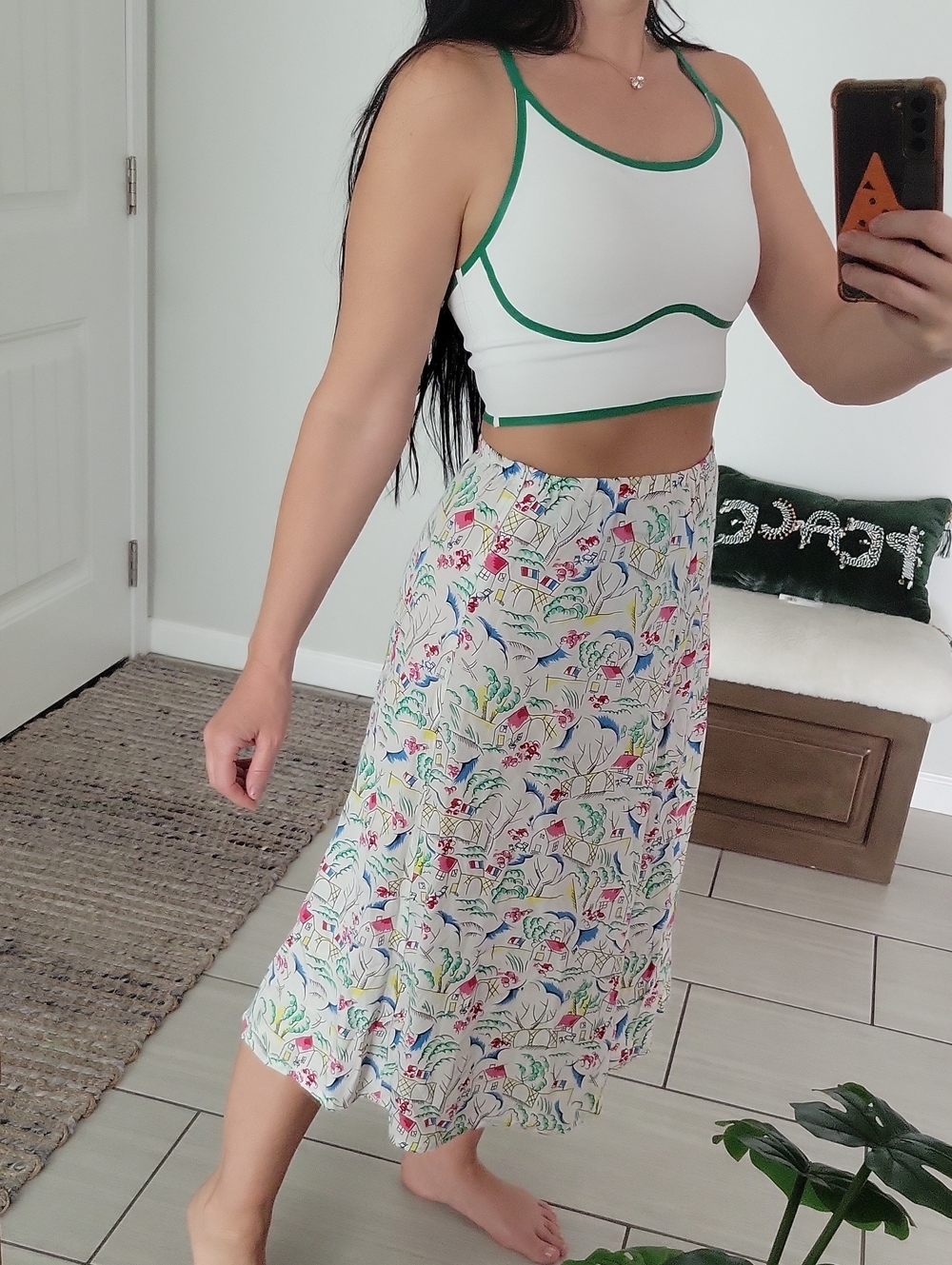 Vintage White Midi Skirt with Multicolor Floral Scenic Print